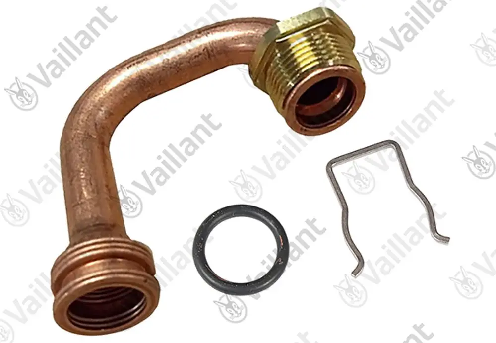 Vaillant Rohr mit gebogenem Ende, metallischem Gewinde und Dichtungsring, zusammen mit einem Sicherungsclip.